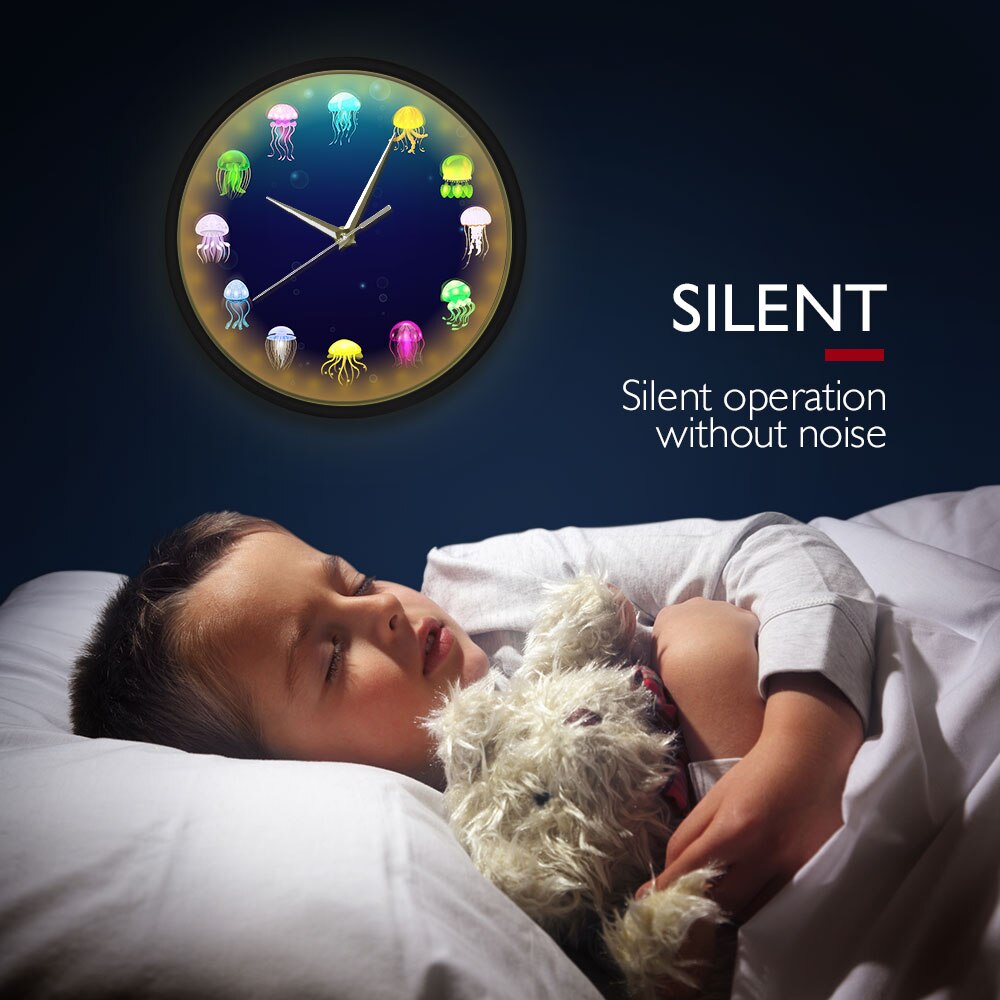 Colorful Printed Jellyfish Wall Clock with LED Illumination Sea Jellies Sound Control Smart Watch Marine Animals Nursery Light