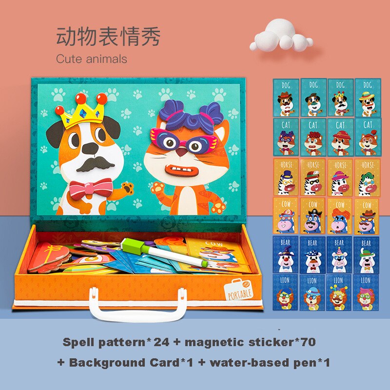 Kids Magnetic Puzzle Jigsaw Traffic Change Face Game Double-Sided Drawing Board Baby Early Education Toys For Children: Animal-expression-