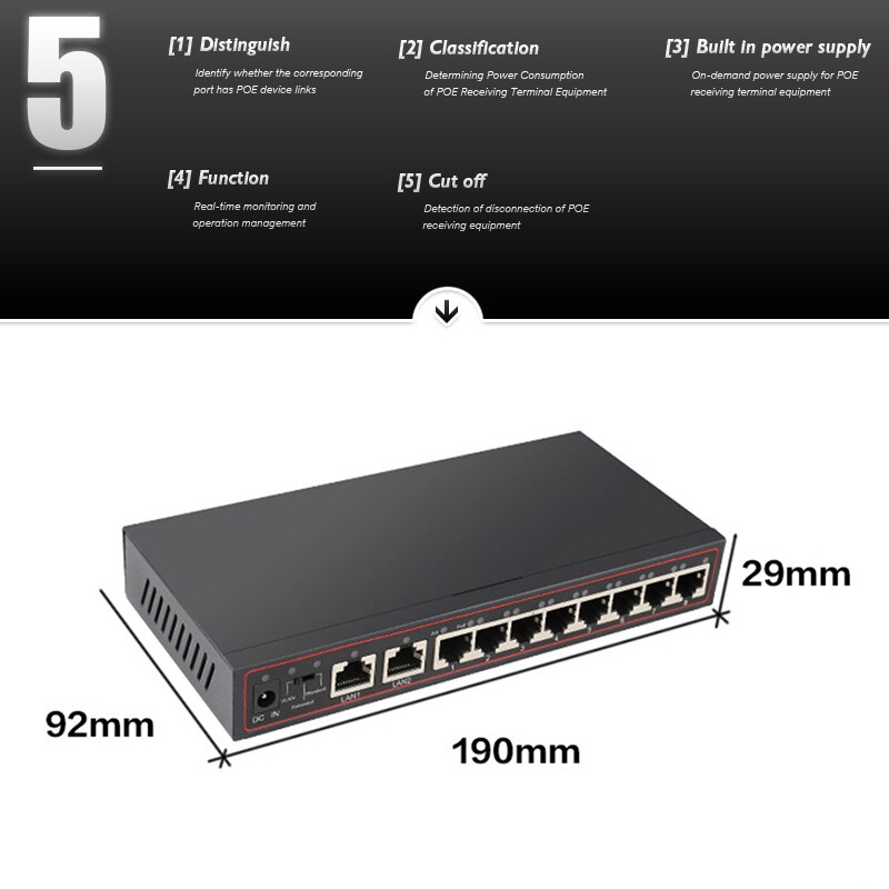 10 puertos 2 + 8 PoE Switch inyector de red Ethernet con 10/100Mbps puertos adecuados para cámara IP/inalámbrico AP/CCTV