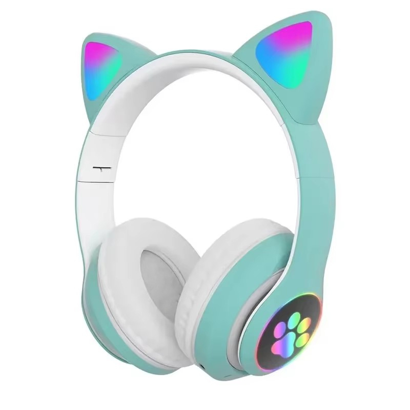 JST-28 auriculares inalámbricos con orejas de gato auriculares Bluetooth auriculares de música estéreo auriculares deportivos Bluetooth para juegos con micrófono para teléfonos: Verde
