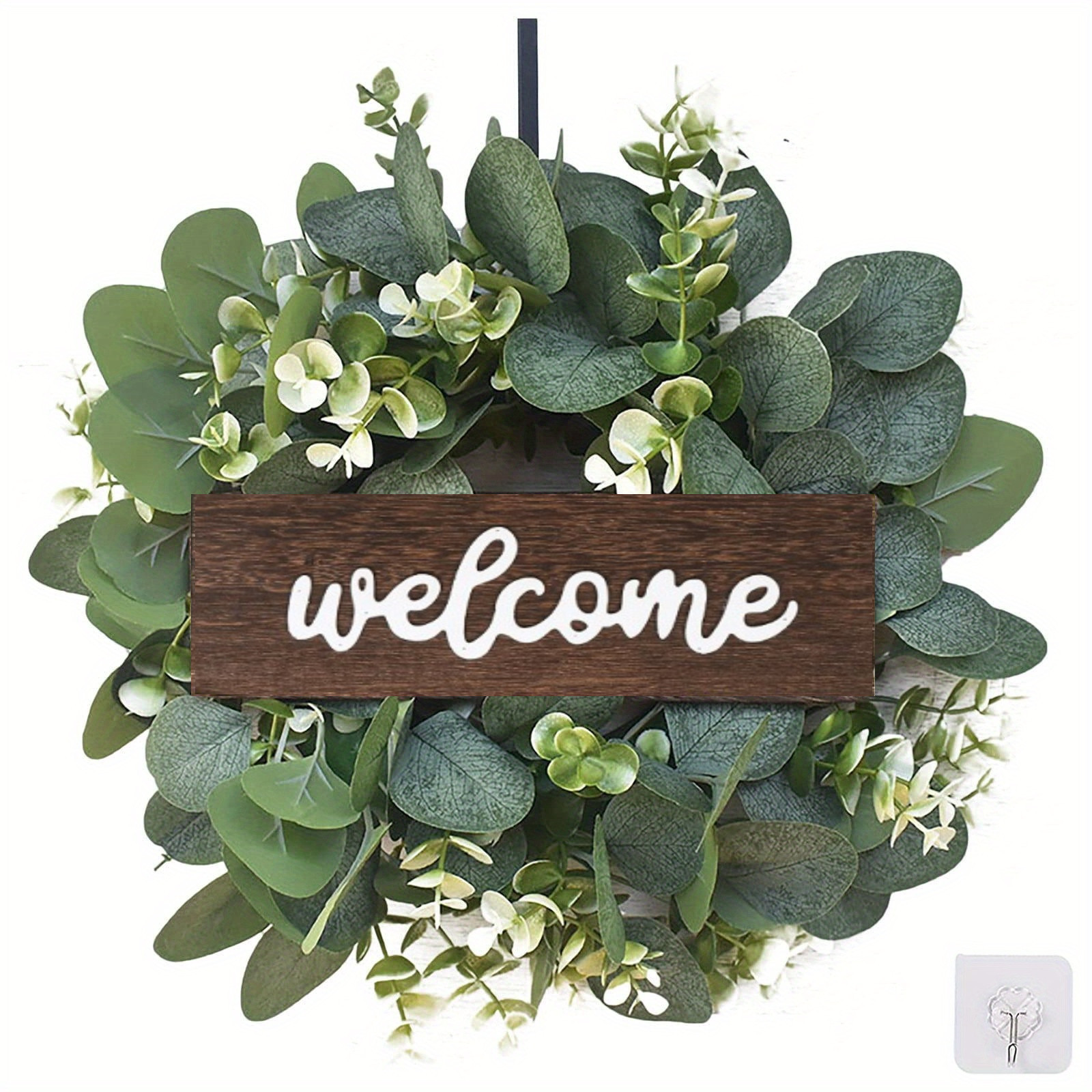 Green Eucalyptus Wreath with Welcome Sign Artificial Eucalyptus Wreath Spring Summer Wreath with White Berries for Front Door: Default Title