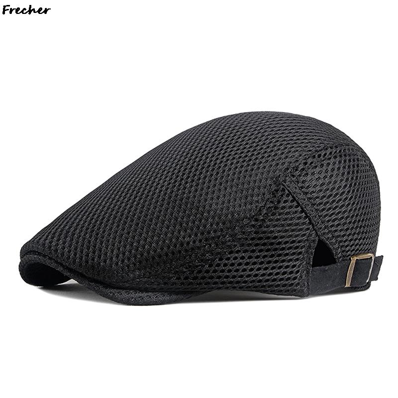 Casquette de livreur de journaux en maille respirante, chapeau plat d'été pour hommes et femmes, béret britannique, Casquette de conduite, Cabbie de Golf à la: Black