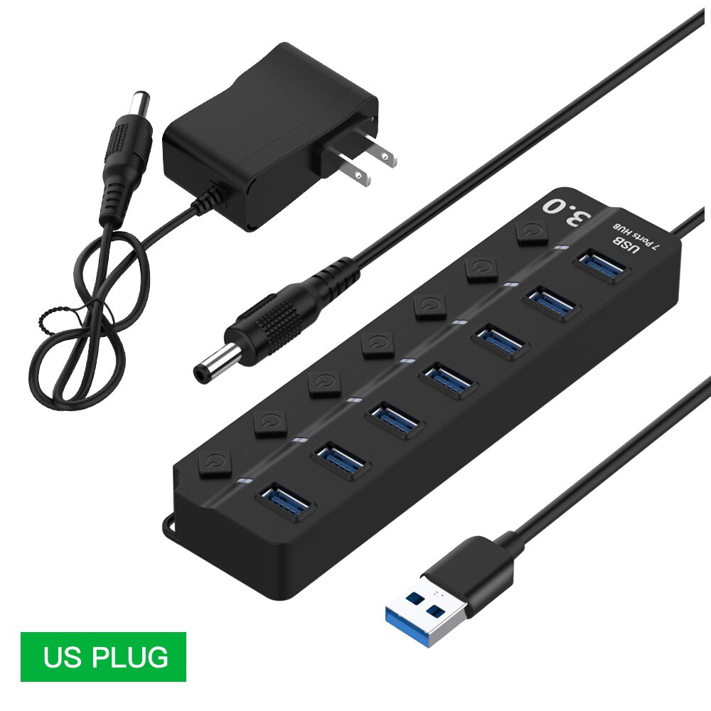 High Speed USB Hub 3.0 4/7 Port USB 3.0 Hub Splitter On/Off Schakelaar met EU/ US Power Adapter voor MacBook Laptop PC: 7 Port US Plug 110V