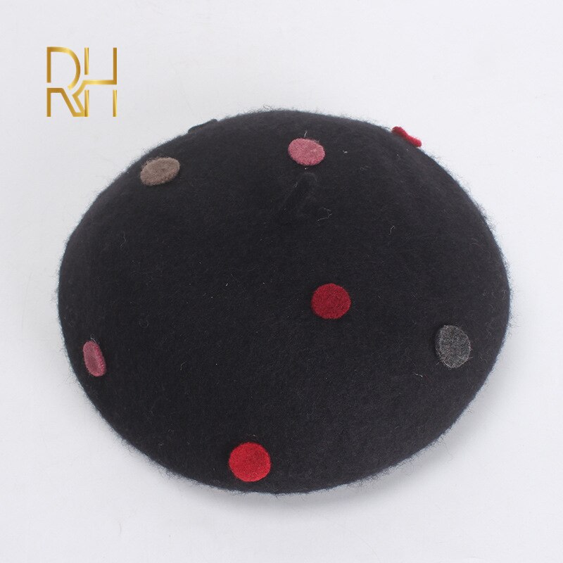 Vrouwen Mode Wol Winter Baret Vintage Polka Dot Britse Stijl Platte Schilder Cap Meisje Vilt Baretten Rh: Black