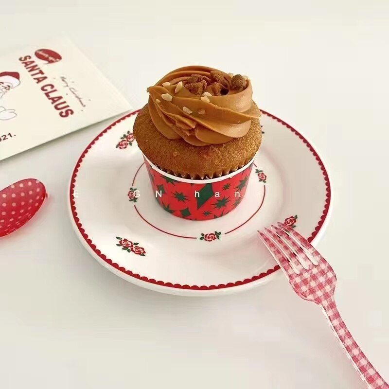 Korean Style Christmas Cartoon Gingerbread Man Ceramic Plate Candy Red Lace Cake Dessert Plate Charger Plates: sky blue