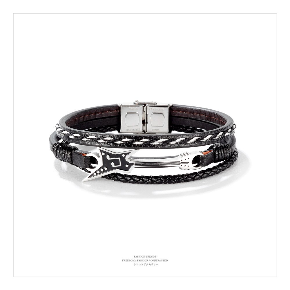Cyue Europese Mannen Jongen Gevlochten Multi-Layer Leren Armband Muzieknoot Charm Rvs Knop Polsbandje ZYLB0180