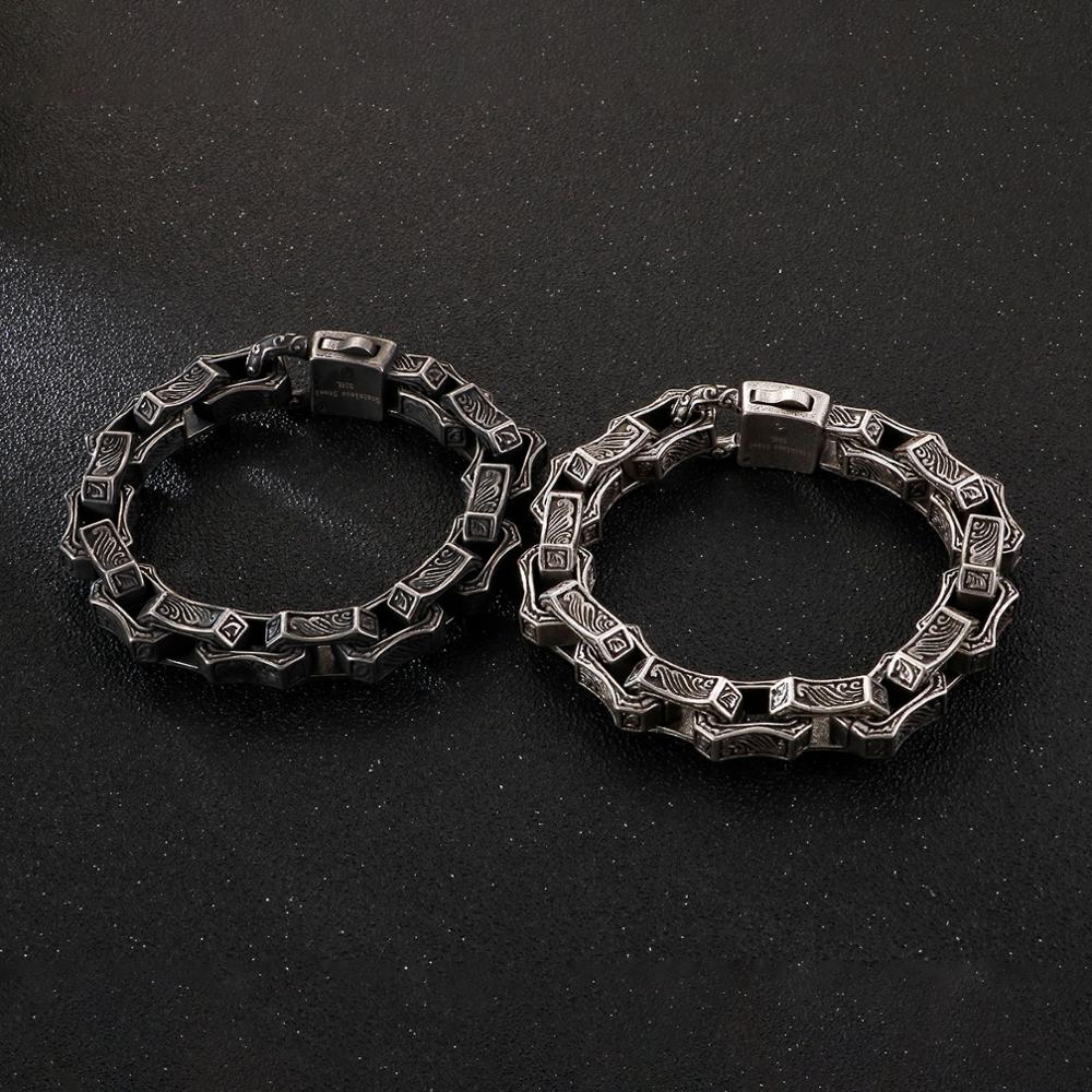 Fontten årgang gravering firkantet armbånd menn rustfritt stål svart mansjett punk boks lenke kjede tilpasset armbånd mann smykker