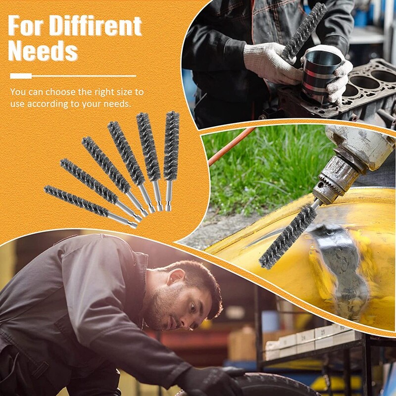 Bore Brush Stainless Steel Bristles Wire Brush For Power Drill Cleaning Wire Brush With Hex Shank Handle 6 Pieces