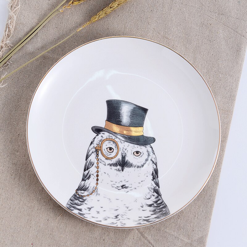 Assiettes à dîner en céramique De | Série animaux Royal Noble De 8 pouces, assiettes De table en porcelaine blanche en os De: Owl