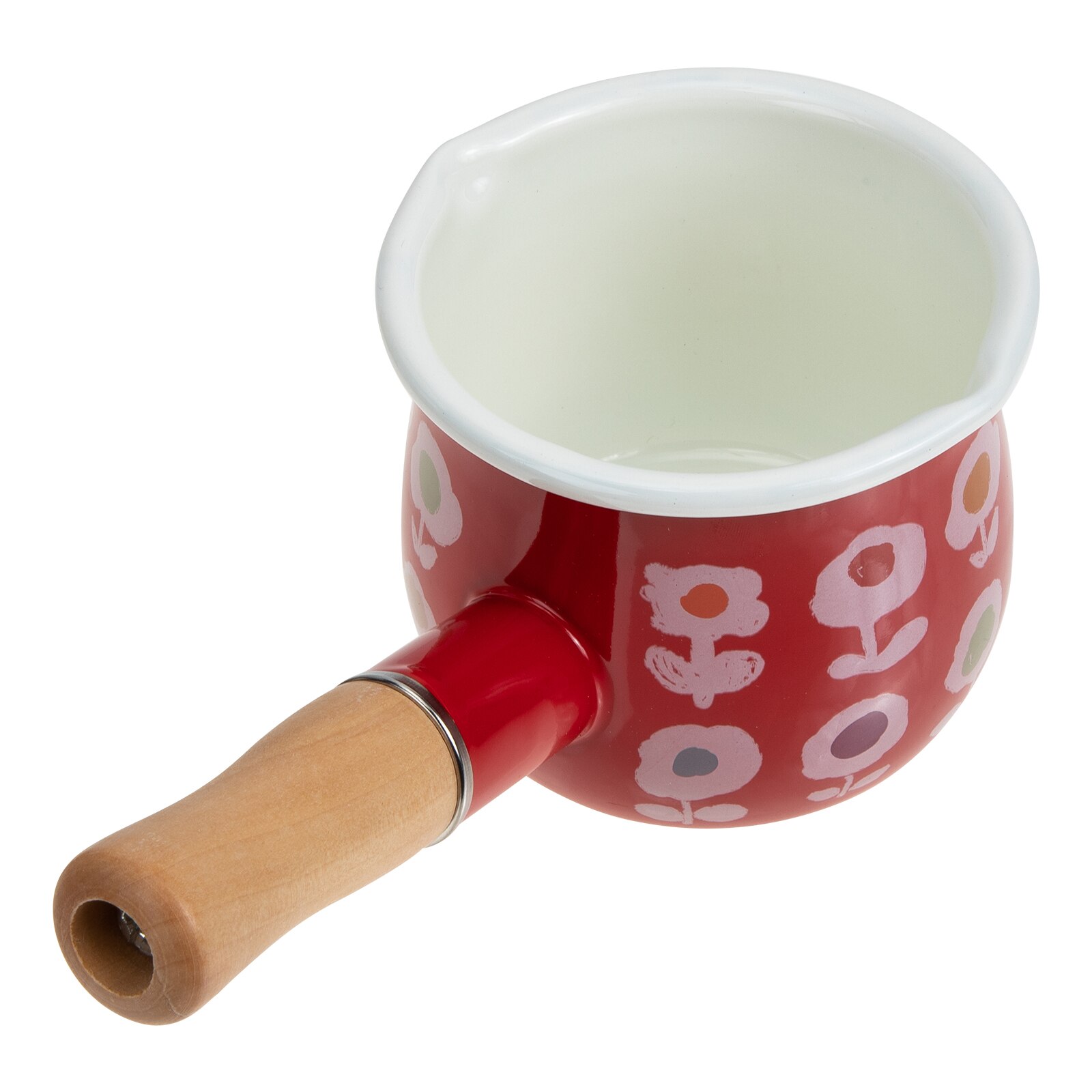 Wooden Handle Pot Household Enamel Pan Assisted Food Saucepan: Red
