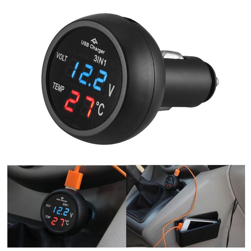 Universal bil volt meter 12v 24v 3 in 1 auto led digital voltmeter gauge termometer usb oplader spændingsmåler