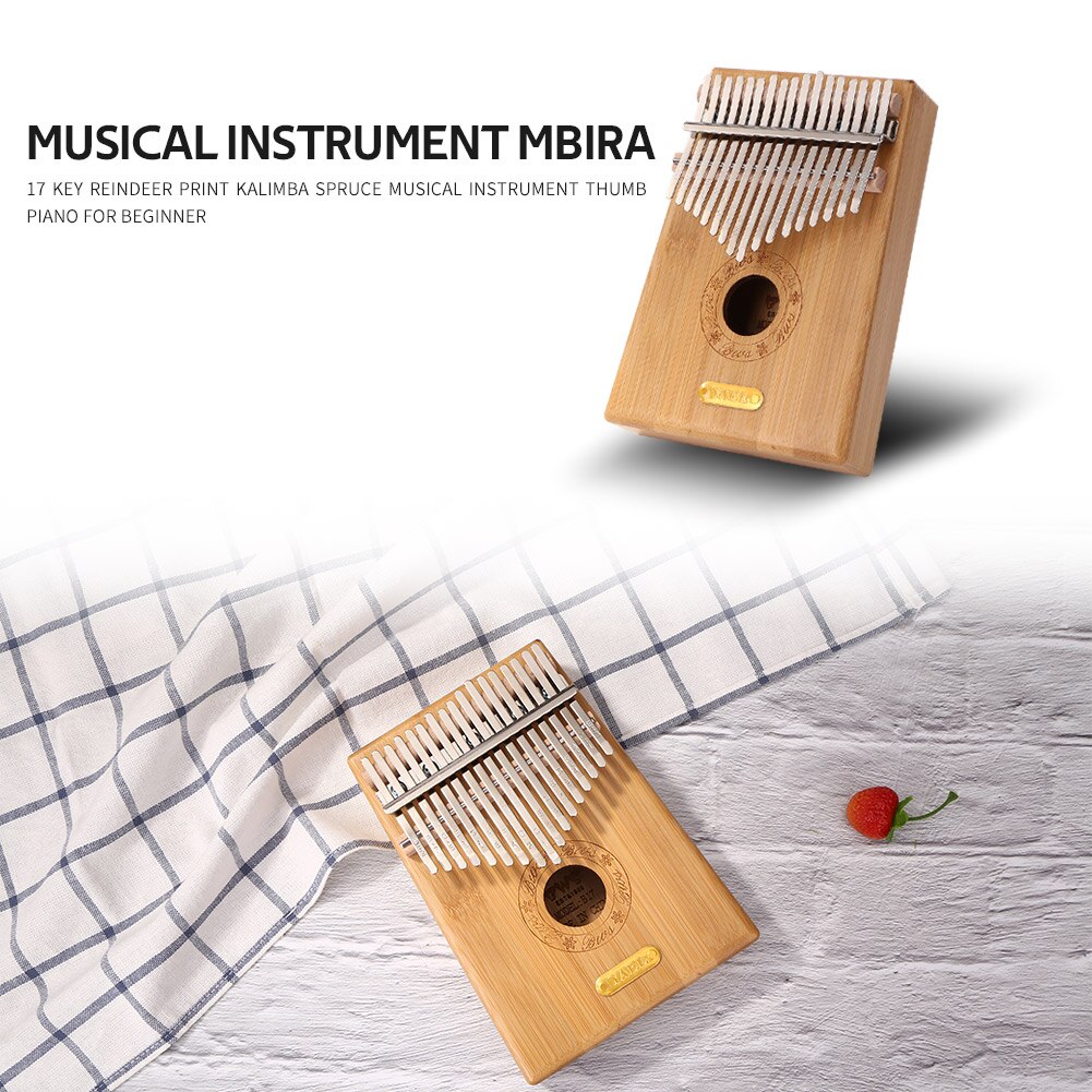 Bamboo Thumb Piano African Sanza Mbira 17 Keys Kalimba w/ Tuning Hammer Stickers for Beginner Music Learning Supplies