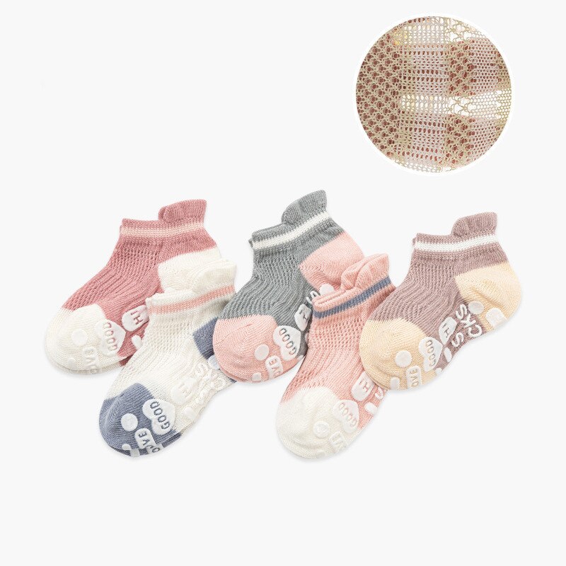 Calcetines tobilleros antideslizantes para bebé, calcetín de algodón suave con empuñaduras de goma, de corte bajo, 5 par/lote: 03 / XL(8-12Y)