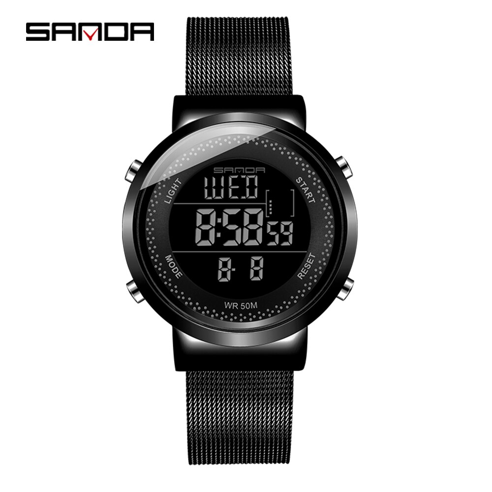 Sanda koppelhorloge led digitaal dames herenhorloge roestvrij staal mesh riem waterdichte liefhebbers horloges relogio masculino: Mevrouw zwart