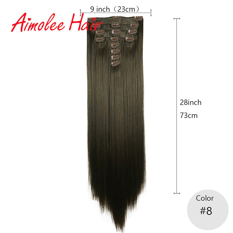 Extensiones de cabello de 28 pulgadas, 8 unidades/juego, pelo sintético largo y recto, Clip-in, negro, marrón, realce, fibra de pelo de alta temperatura: #8