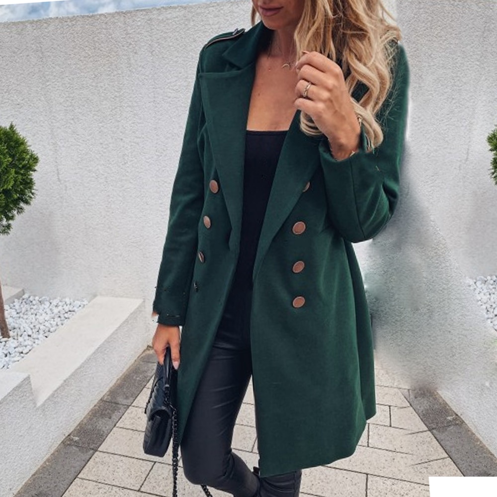 Abrigo de mezcla Kakhi de doble botonadura de largo medio Color sólido abrigo de lana Otoño Invierno mujer Vintage chaqueta Tops