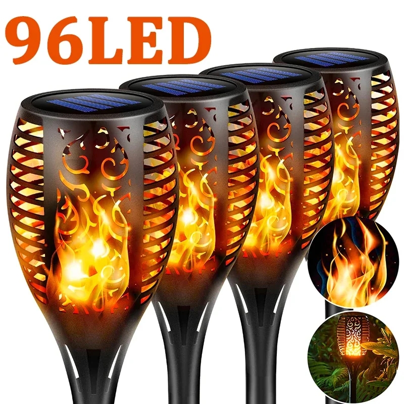 96LED buitenlamp op zonne-energie, waterdicht, tuinterras, flikkerende dansende vlamlamp, gazonverlichting