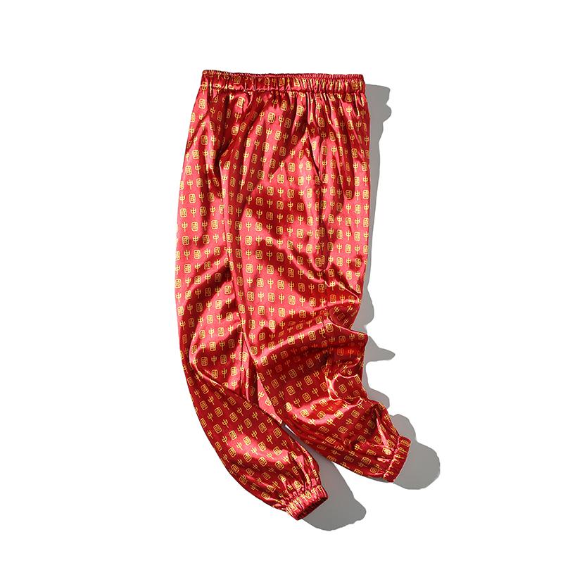 Pantalon en Satin imprimé pour hommes, vêtement en soie, grande taille, rouge, chinois, nouvel an, Vintage, rayonne lisse: Size L 56 to 65kg