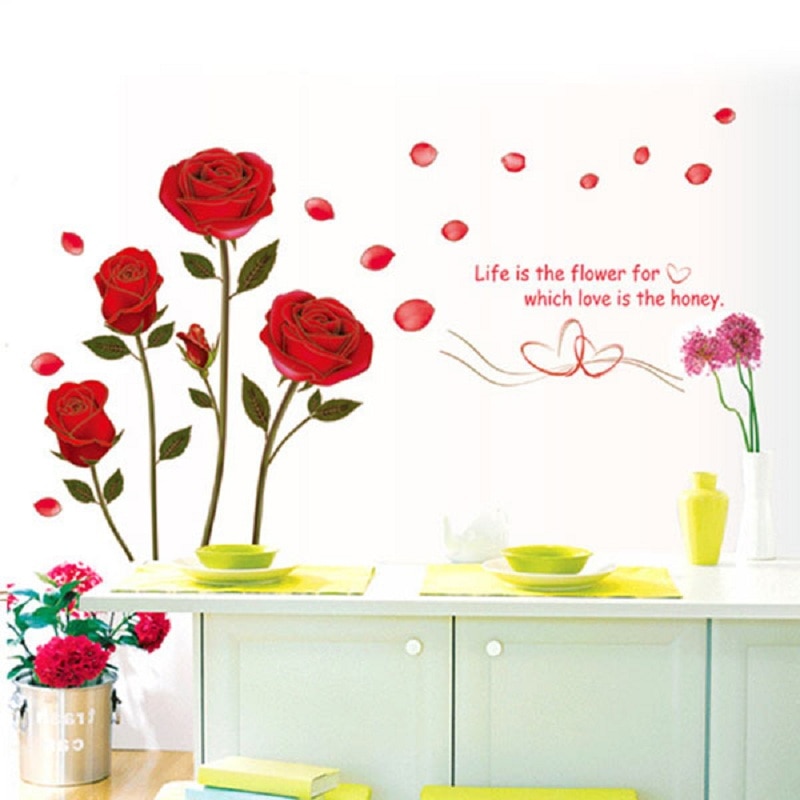 Removable Red Rose Life Is The Flower Quote Wall Sticker Mural Decal Home Room Art Decor DIY Romantic Delightful 6055