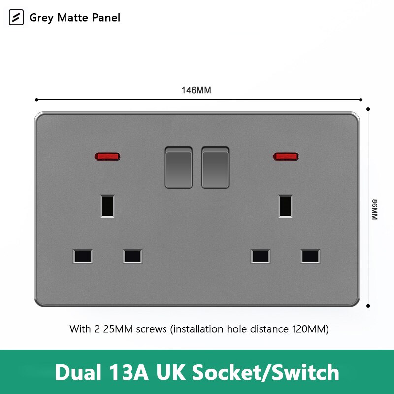Avoir UK Standard 13A Wall Socket Black White Gray Plastic Embedded Panel Usb Socket With Switch 110-250V Two Britain Outlet: 2UK2GL-G