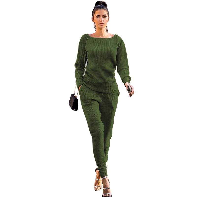 Conjunto de ropa deportiva informal para mujer, conjunto de dos piezas formado por Top y pantalón, y manga larga con cuello redondo, Otoño,: XL / ArmyGreen