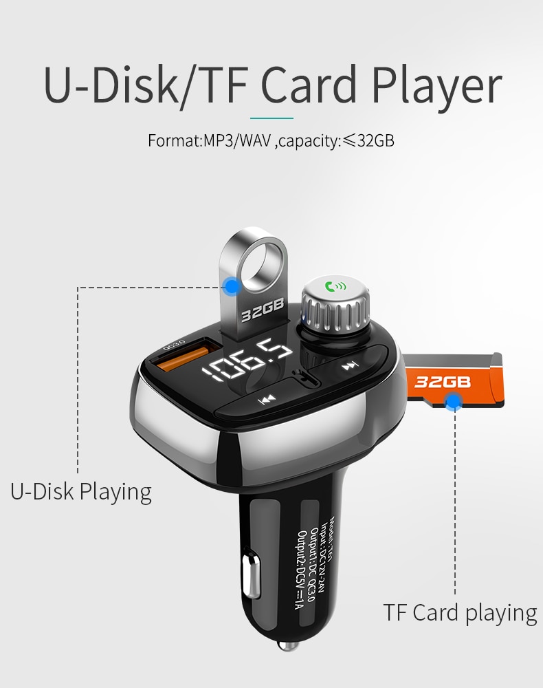 Bluetooth Auto Fm-zender Modulator Car mp3 Player Wireless Handsfree Muziek Audio T61 QC3.0 Poort USB interface Autolader