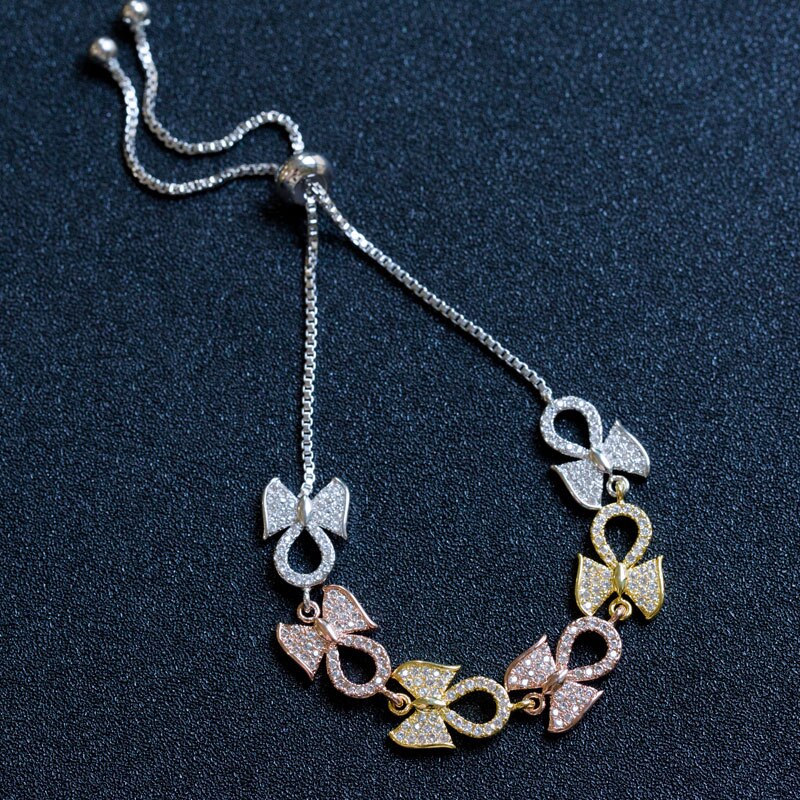 BU-128 Romantique Bracelet avec Trois Tons Belle Bowknot Style Halo CZ Pave Charme Bracelets Pour Femme Lots En Vrac