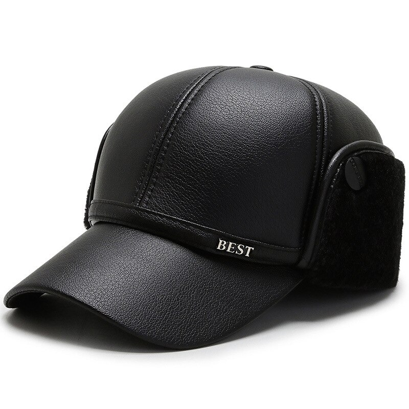 Gorra de béisbol gruesa para hombre, gorro de béisbol de algodón Pu con protección para los oídos, sombreros de terciopelo para mantener el calor, para personas mayores de mediana edad, , Otoño e Invierno: Negro
