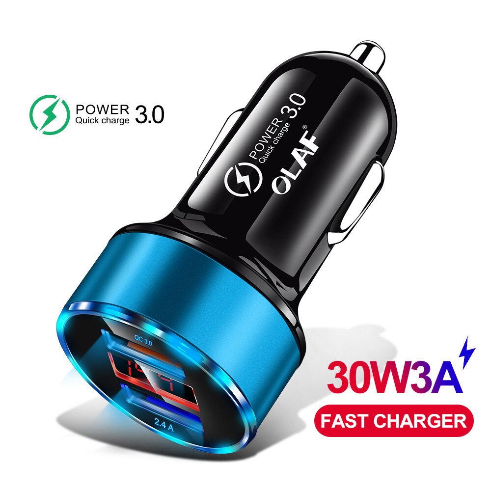 Olaf qc 3.0 usb carregador de carro para samsung a50 s9 carga rápida 3.0 30w 3a carga rápida carregador de carro 2 porta usb carregadores do telefone móvel: Blue Car Charger