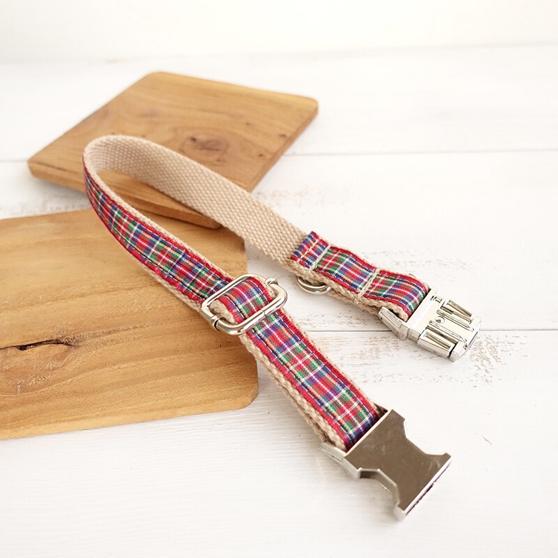 Gratis Graveren Naam Id Britse Stijl Kleurrijke Pastel Accessoire De Schotland Plaid Mode Halsbanden En Riem Metalen Gespen