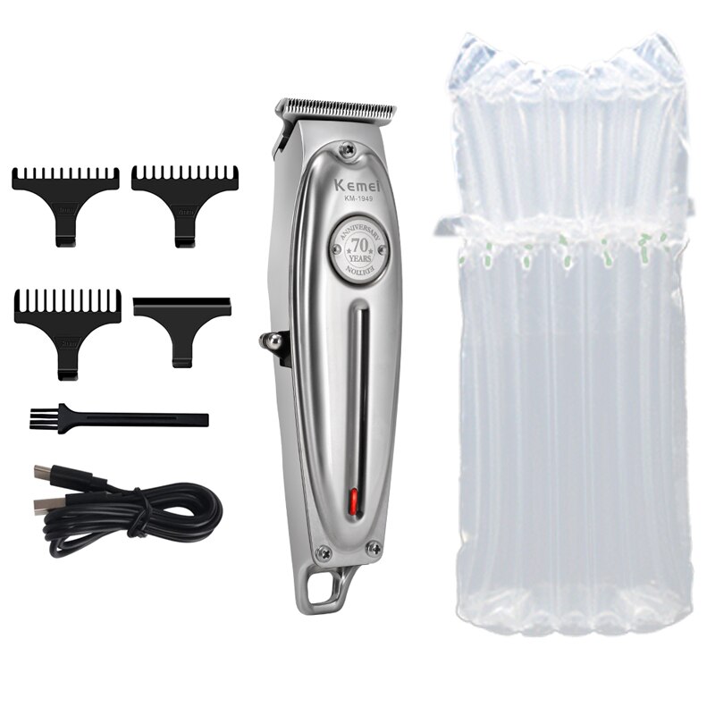 Kemei Hair Clipper All Metal Men Electric Cordless Hair Trimmer 0mm Baldheaded T Blade Finish Haircut Machine 1949: No box Silver