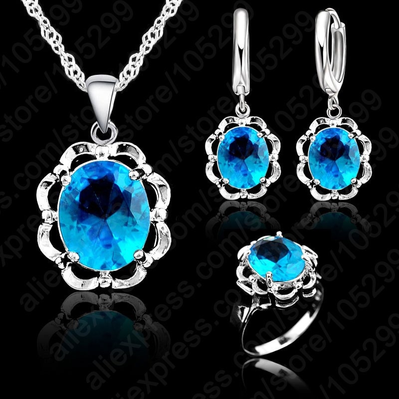 Blue Cubic Zirconia Pendant Necklace Earring Ring Jewelry Sets 925 Pure Crystal Woman