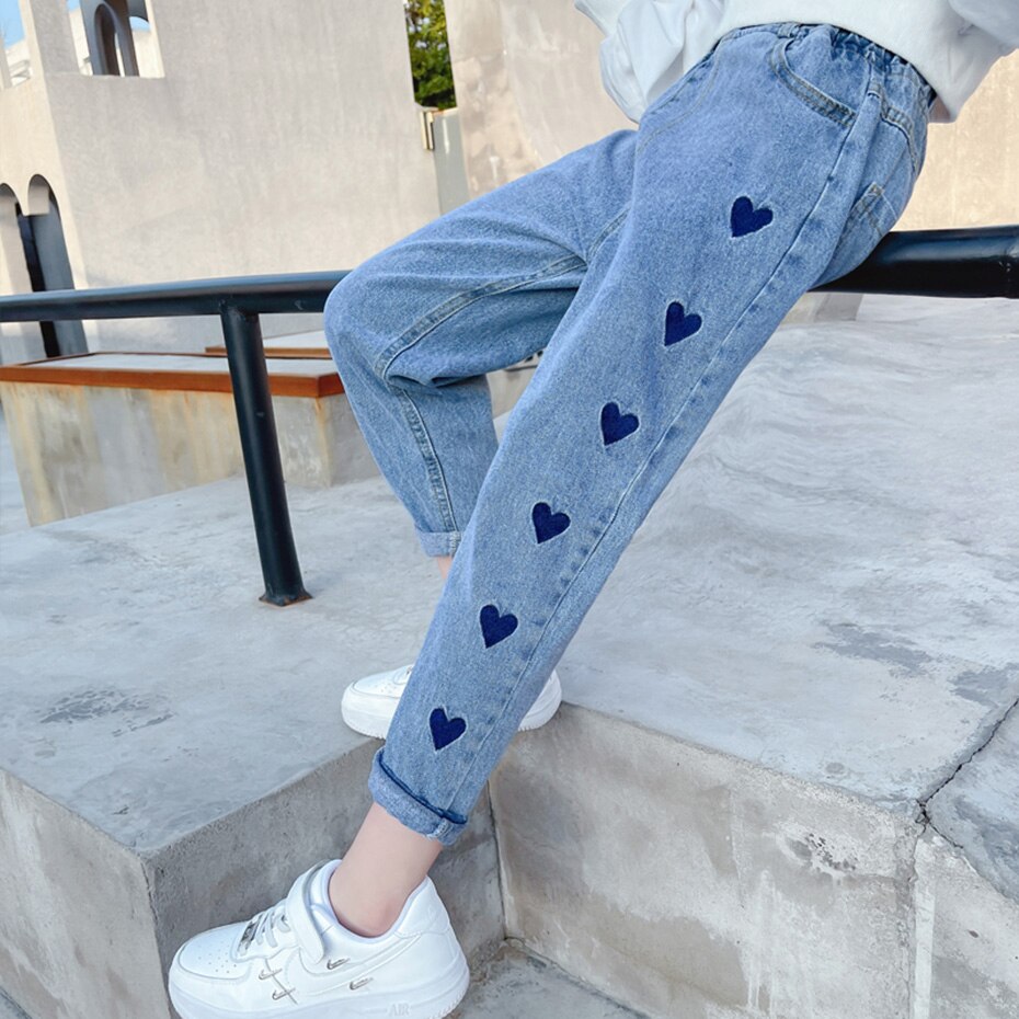 Jeans Girl Heart Pattern Kids Jeans Girls Casual Style Children Jeans Spring Autumn Children's Clothes 6 8 10 12 14