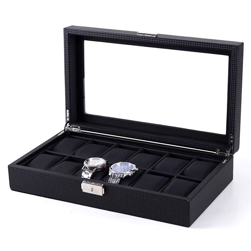 3/6/12 slots kulfiber urboks læder sort ur display box med lås herre ure organizer: 12 sorte