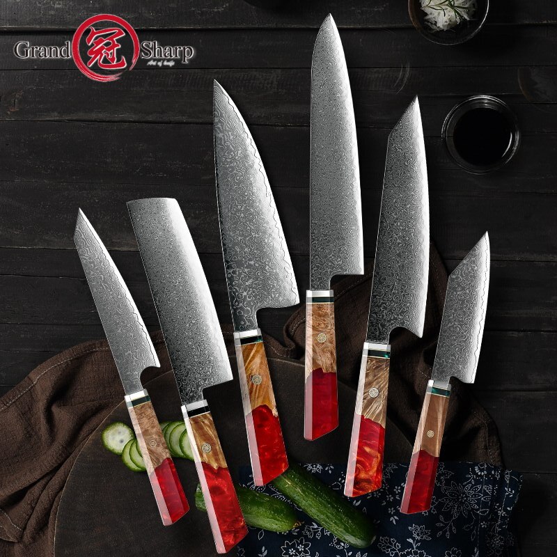Japanese Kitchen Knives VG10 Damascus Steel Chef Cooking Tools Nakiry Utility Santoku Knife Maple Handle Red Blue Colors