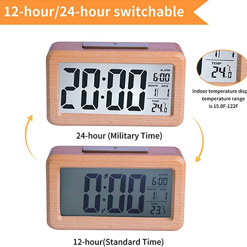 Houten Digitale Wekker, Smart Sensor Nachtlampje Met Snooze, Datum, Temperatuur, 12/24Hr Schakelbare, Massief Houten Shell