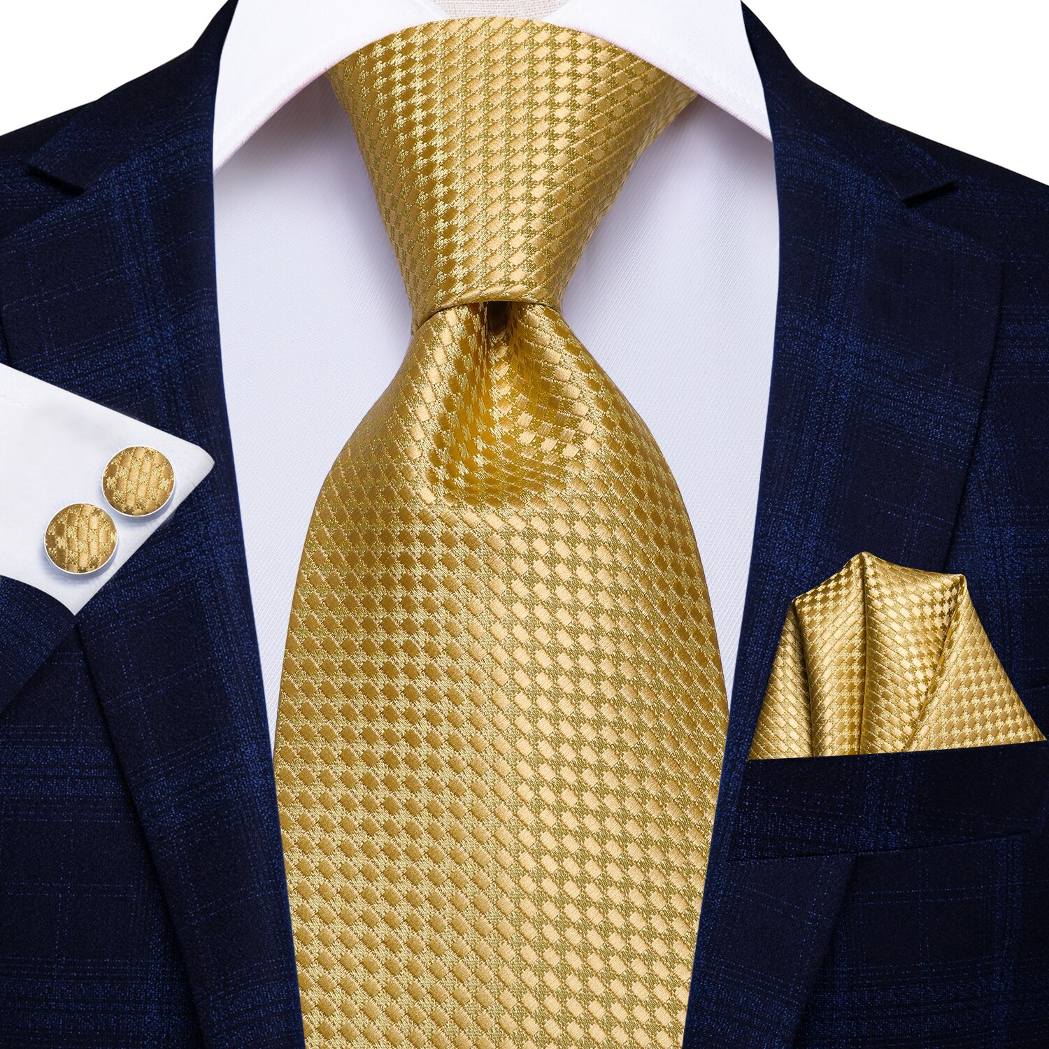 Hi-tie solid guld gul silke slips til mænd håndkraftige manchetknapper sæt til mænds slips bryllup forretning slips: Default Title