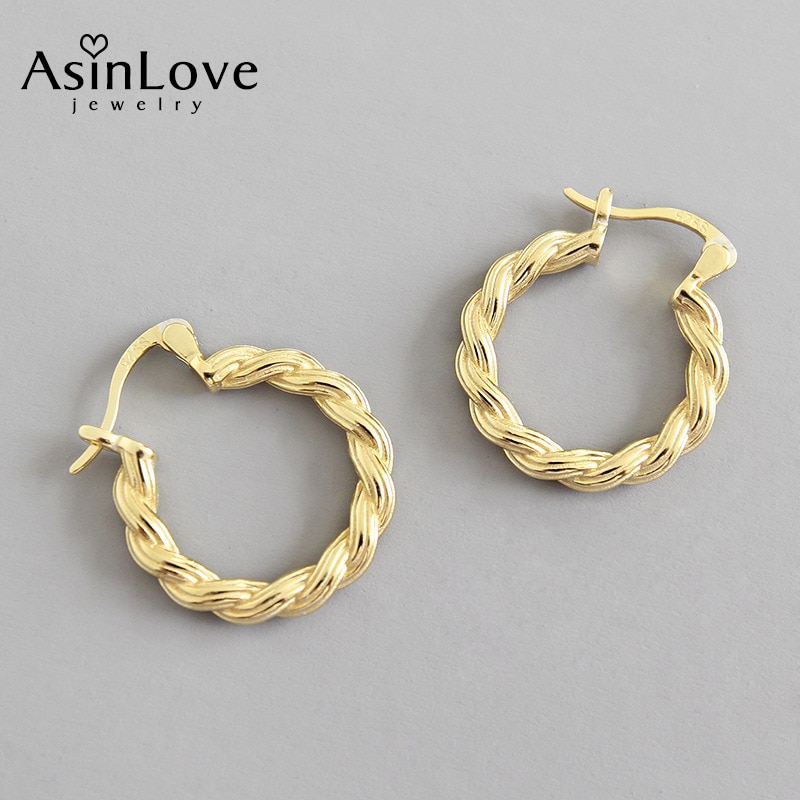 AsinLove 18K or armure torsion boucles d'oreilles réel 925 en argent Sterling boucles d'oreilles pour femmes dames Unique Fine bijoux