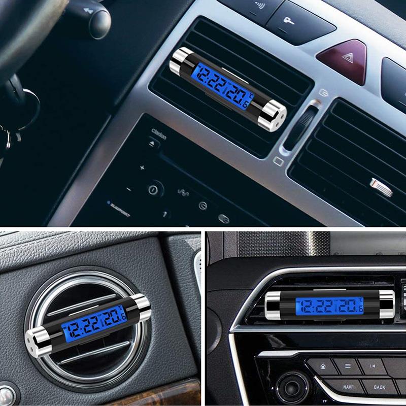 2 in 1 Mini Car Digital Clock&Temperature LCD Display Auto Electronic Time Temperature Monitor Blue Backlight w/2 Clips