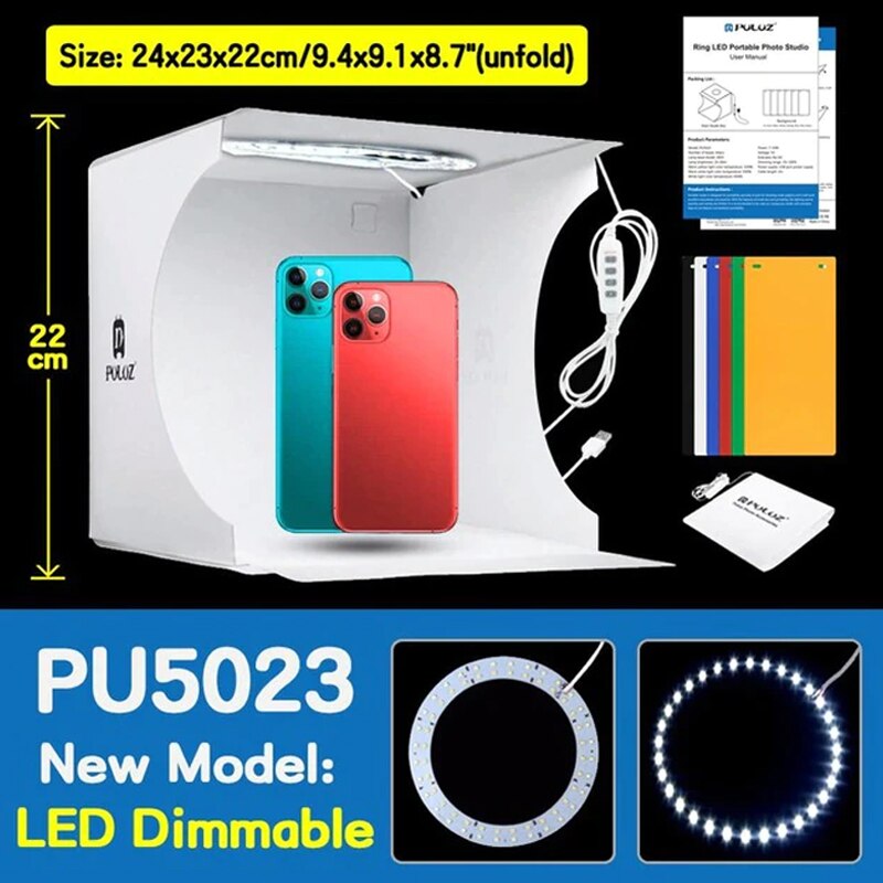 Puluz Mini Fotostudio Doos Draagbare Foto Lightbox Ring Led Fotografie Schieten Tent Box Kit Met 6 Achtergronden Studio Softbox: 20cm Ring LED
