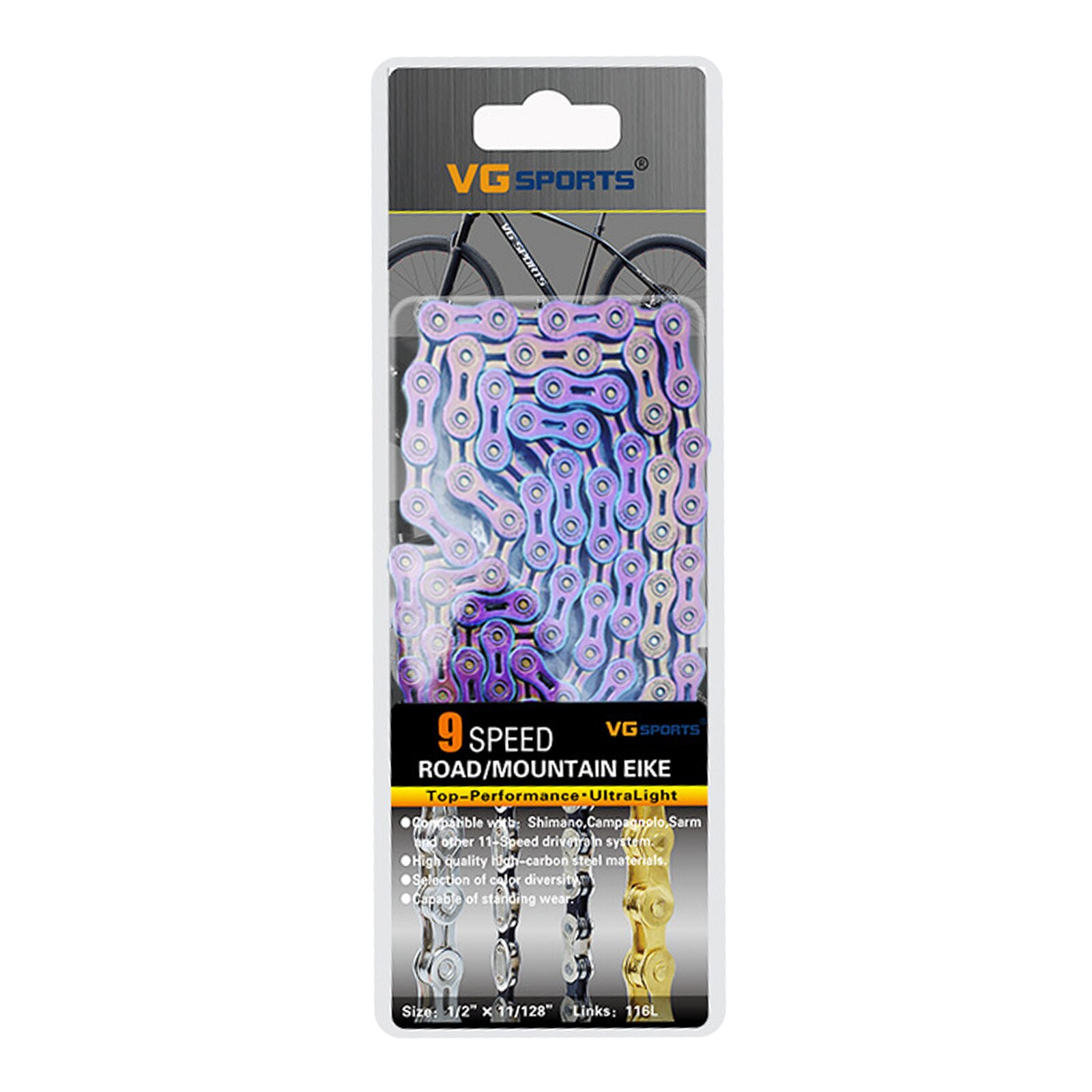 8/9/10/11S 116L Bicycle Chains Half-Hollow Mountain Road Bike Chain Steel High Strength Ultralight Bike Chain Component Parts: 9 Speed Multicolor