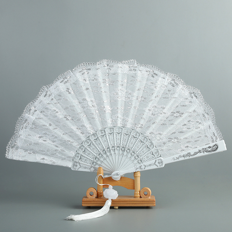 Luxury White Lace Folding Fan Double-layered Plastic Wedding Cosplay Party Home Decorative Fan Ancient Bride Hand Fan: white silver 2