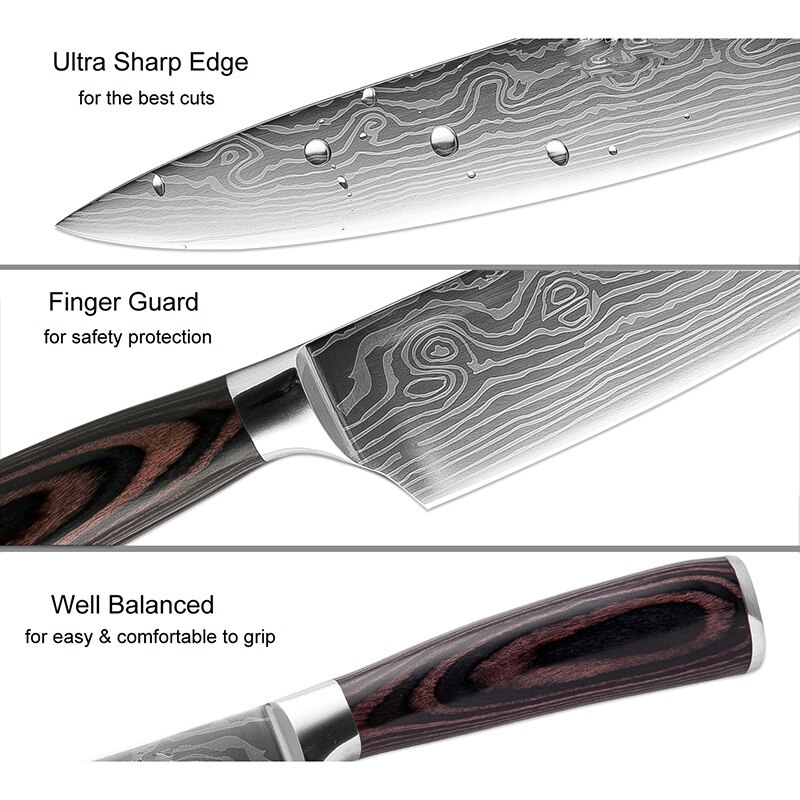Xituo beste 2 stk kjøkkenkniver sett japansk damaskus stål mønster kokkekniv sett kløveskære santoku skjæreverktøy