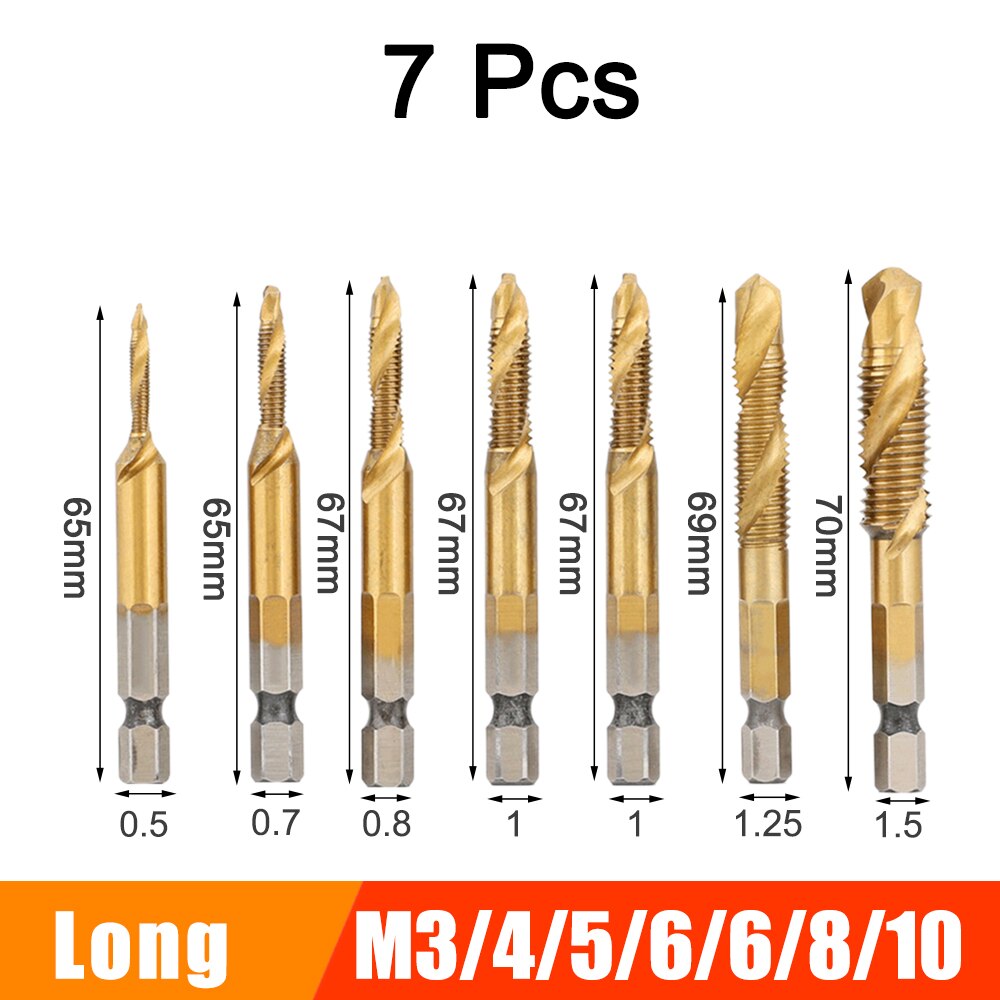 6/7Pcs HSS Screw Thread Metric Tap Drill Bits Set M3-M10 Hex Shank Titanium Plated Compound Screw Tap Drill Bit Set Hand Tools: 7 Pcs Long Gold