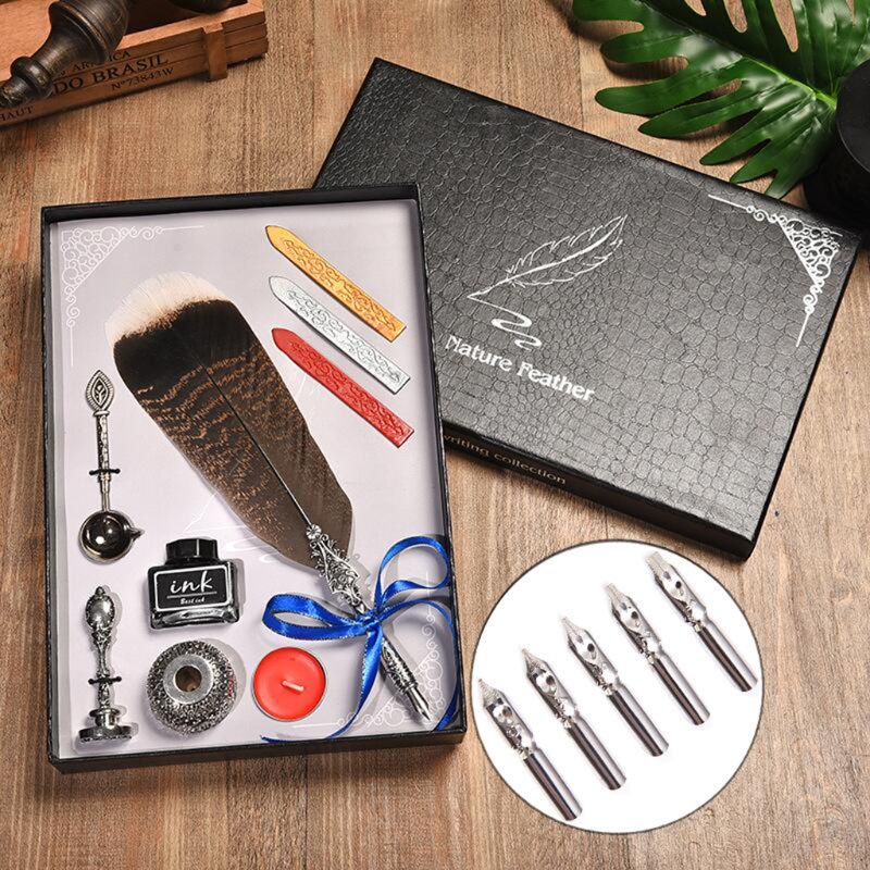 Retro Gothic Style Quill Pen Set Retro Wax Seal Stamp Kit Vintage Box Calligraphy Writing Pen Calligraphy Pen Set