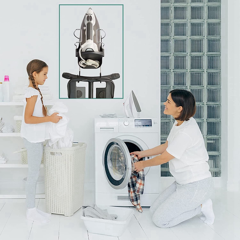 Iron Board Hanger Wall Mount Electric Iron Holder Iron and Ironing Board Storage Organizer Shelf with Removable Hooks