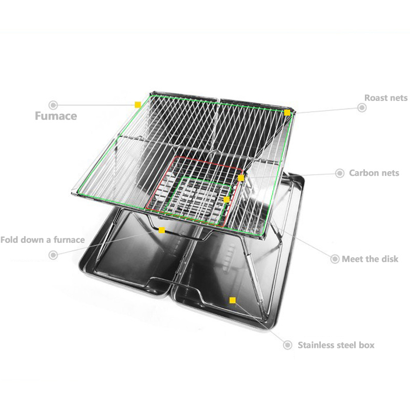 Square Wood Stove Outdoor Grill Mini Charcoal Stove Folding Grill Outdoor Camping Folding Barbecue Equipment Cooking Supplies