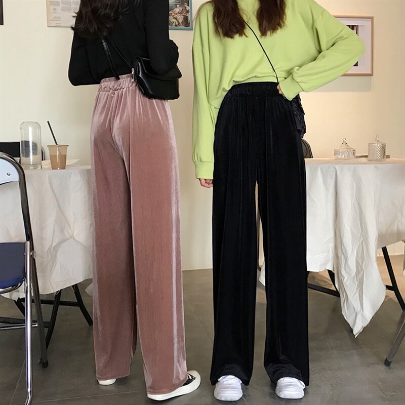 Byxor dam sommar guld sammet vida ben lösa 4xl casual drapera solid koreansk stil matchande trendiga byxor штаны dam