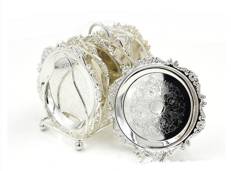 Euro vintage coaster cocktail bebida coaster: Silver Set of 6