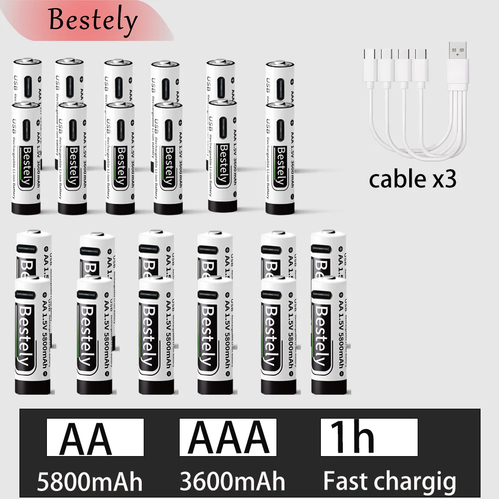1.5V AA 5800mAh+AAA 3600mAh Lithium rechargeable Battery,USB Fast Charging Li-ion Battery , 2000 Cycles with USB- C Cable: SKY BLUE